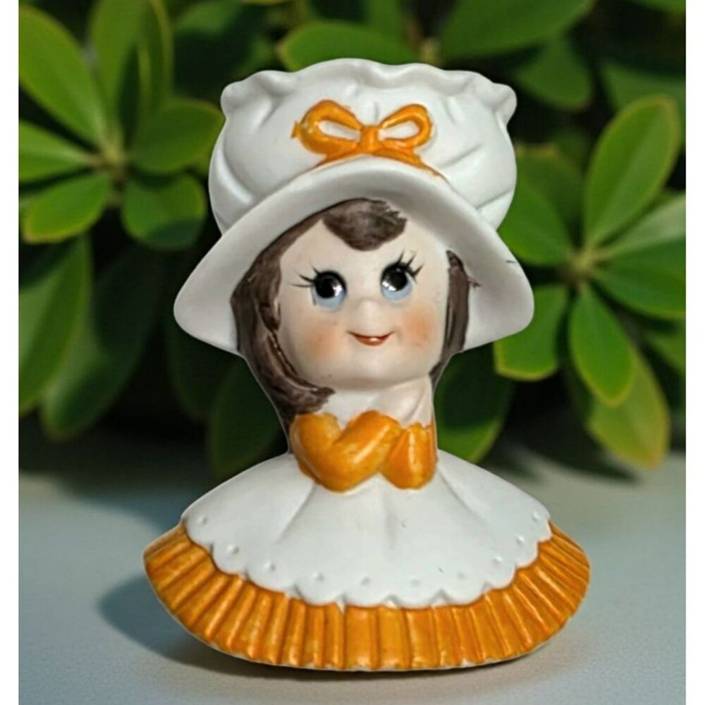 Vintage Lefton Ceramic Girl Pin Cushion Base Figurine Orange Dress Mini Planter
